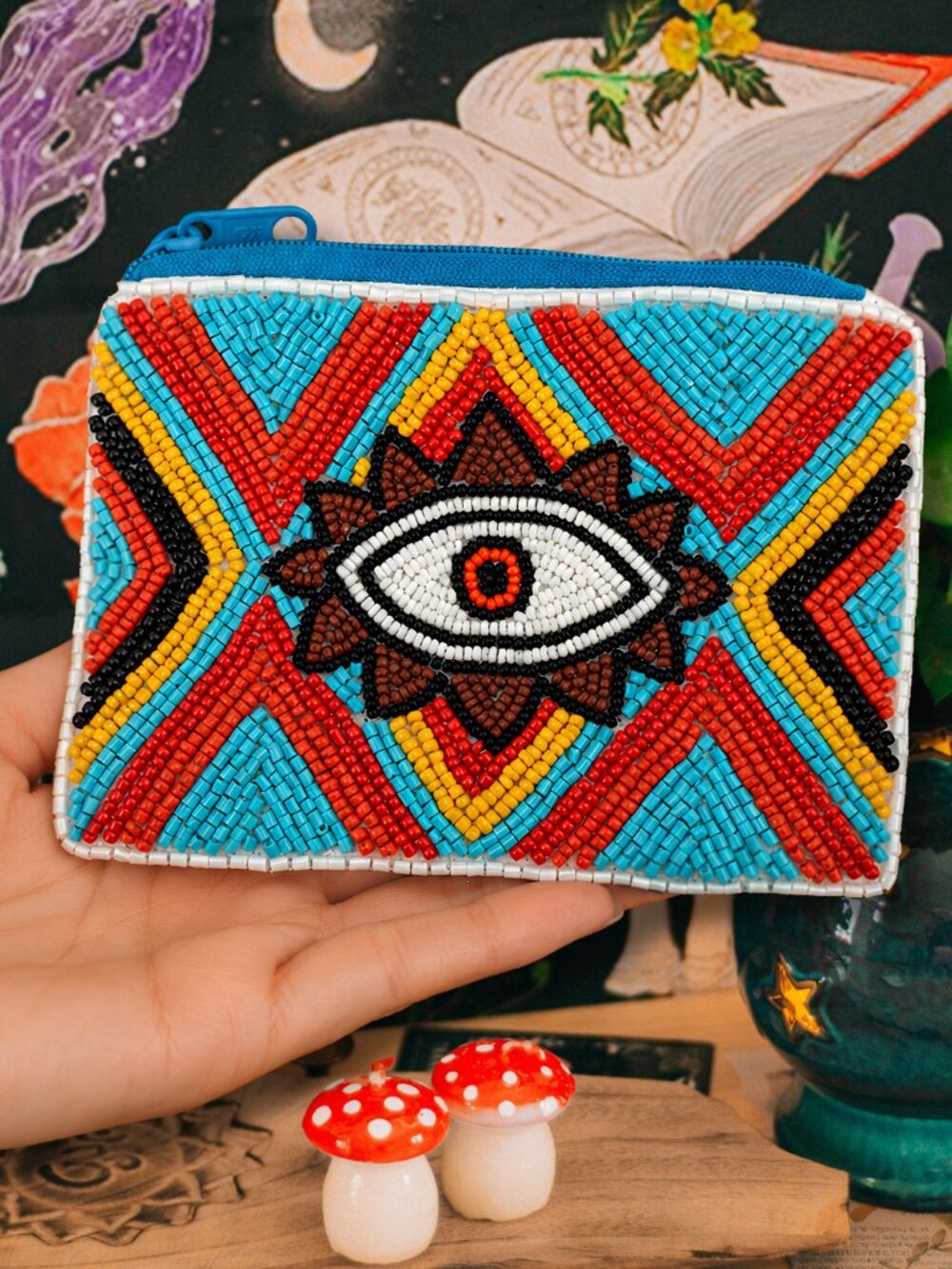 Evil Eye Buddhist Boho Seed Beaded Front Coin Lipstick Makeup Money Bag Pouch